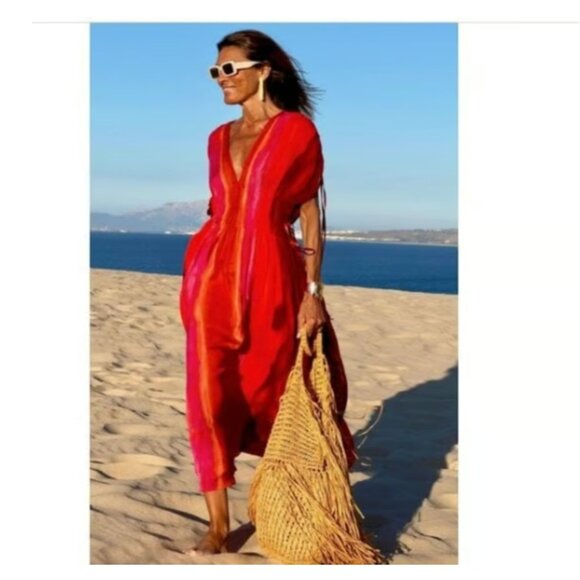 NWT ZARA WOMAN SLEEVELESS V-NECK BEAD APPLIQUES TIE-DYE MIDI DRESS M 7521/253 - Picture 3 of 9